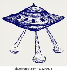Space flying saucer. Doodle style