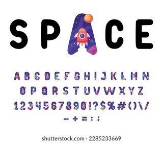 Space Font and Alphabet with Cosmic Capital Letters and Numbers Vector Set