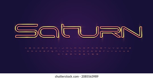 Space font alphabet letters. Outline linear contour typography. Techno digital characters with electric light, neon glow. Shiny illuminated letter set for headline, logo, cover title. Vector typeset
