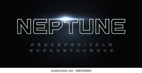 Space font alphabet letters. Outline linear contour typography. Techno digital characters with electric light, neon glow. Shiny illuminated letter set for headline, logo, cover title. Vector typeset