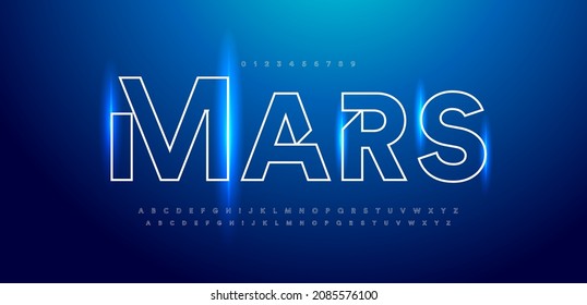 Space font alphabet letters. Outline linear contour typography. Techno digital characters with electric light, neon glow. Shiny illuminated letter set for headline, logo, cover title. Vector typeset