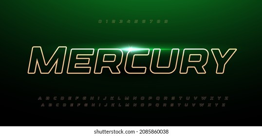 Space font alphabet letters. Outline linear contour typography. Techno digital characters with electric light, neon glow. Shiny illuminated letter set for headline, logo, cover title. Vector typeset.