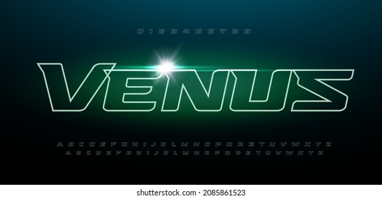 Space font alphabet letters. Outline linear contour typography. Techno digital characters with electric light, neon glow. Shiny illuminated letter set for headline, logo, cover title. Vector typeset.