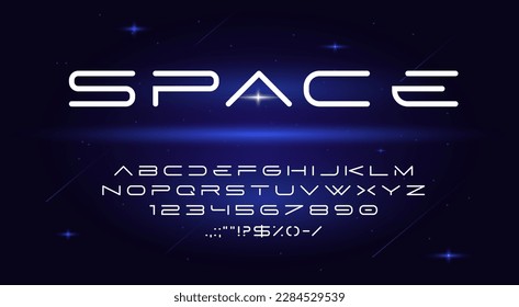 Space font, futuristic typeface, galaxy type. Vector alphabet of future technologies, digital typography letters, numbers and punctuation marks. Modern abc on dark sky background with silver stars