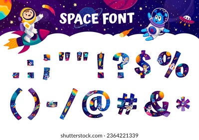 Space font punctuation marks and symbols of cartoon galaxy universe type, vector typeface. Kid typeset font of punctuation marks, question and exclamation signs, commas and text brackets with percent