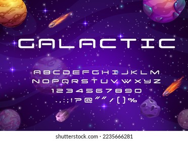 Space font techno typeface, futuristic type alphabet. Vector galactic type, abc letters, digits and signs on galaxy background with planets and comets. Uppercase astronomy cosmic characters set