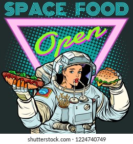 Space food. Woman astronaut eats. Cola, hot dog and Burger. Pop art retro vector illustration kitsch vintage