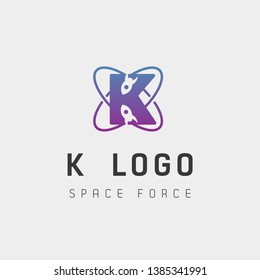 space force logo design k initial galaxy rocket vector in gradient background