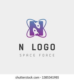 space force logo design n initial galaxy rocket vector in gradient background