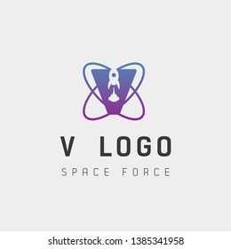 Space Force Logo Design V Initial Galaxy Rocket Vector In Gradient Background