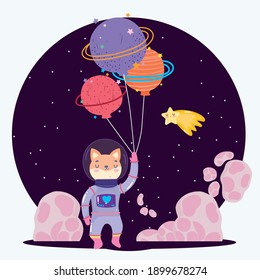 space fox with spacesuit and balloons shaped planets adventure animal cartoon vector illustration