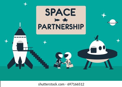 Space friendship illustration. Astronaut handshake with alien. Flat design concept