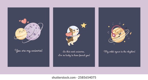 Space fun card, for couple, relationship, valentines day or friend. Vector simple illustration