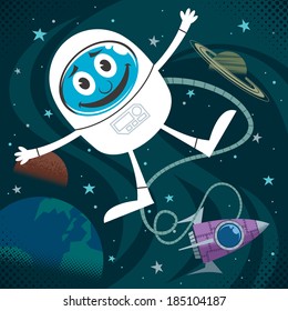 Space Fun: Cartoon illustration of astronaut in outer space. No transparency and gradients used. 