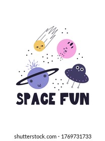 Space fun. Children's poster. Vector illustration with funny planets and UFOs. Children's space poster on a white background.
