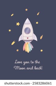 Space fun valentines day card for valentines day, loved one or friend, rocket. Vector simple illustration