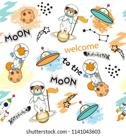 Space funny animals dog and fox on the moon and the inscription is welcome to the moon seamless pattern on a white background