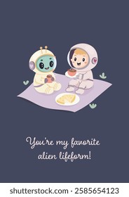 Space funny postcard, astronaut drinking tea with alien. Vector simple illustration