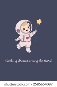 Space funny postcard, astronaut holding a star on a string like a balloon. Vector simple illustration