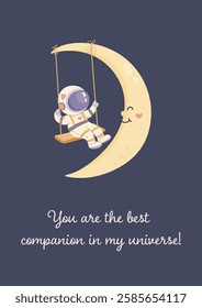 Space funny postcard, astronaut riding a swing on the moon. Vector simple illustration