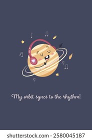 Space funny postcard, planet listening to music . Vector simple illustration