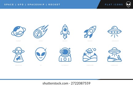 Raum Zukunft Raumschiff Flache Symbole