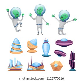 Space futuristic buildings and ufo ships. Various characters of aliens. Humanoid alien, modern building and shuttle ufo illustration