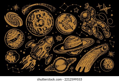 Space futuristic creative design. Planets and spaceship, rocket, stars, meteorite and comet. Vector illustration