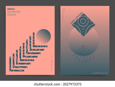 Space futuristic gradient poster template set. Abstract space theme geometric shapes. Eclipse abstract design for cover, poser, banner, home decor. Modern planes and space objects vector trendy design