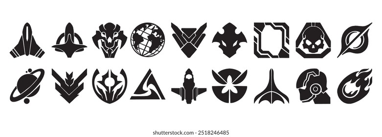 Space futuristic icon set, vector rocket sign, y2k cyber alien shape, galaxy ship minimal collection. Cosmic future techno abstract print, astronaut helmet symbol, sci-fi graphic logo. Game space icon