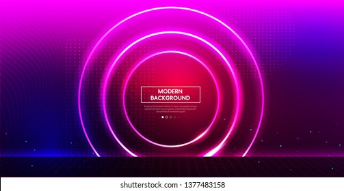 Space futuristic landscape and abstract background reflection neon lights. blank space, frame, ultraviolet spectrum, laser show, vector design.