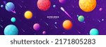 Space futuristic modern colorful background with rocket. Starship, spaceship in night sky. Solar system, galaxy and universe exploration. Vector illustration.
