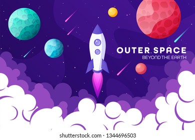 Space futuristic modern, colorful background with rocket, planets and stars. Starship, spaceship in night sky. Solar system, galaxy and universe exploration. Vector illustration.