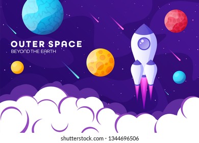 Space futuristic modern, colorful background with rocket, planets and stars. Starship, spaceship in night sky. Solar system, galaxy and universe exploration. Vector illustration.