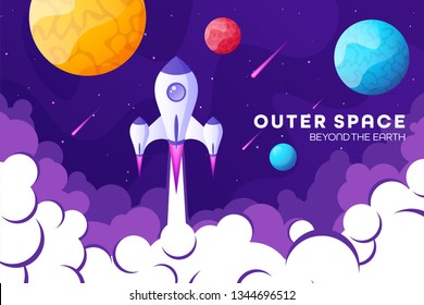 Space futuristic modern, colorful background with rocket, planets and stars. Starship, spaceship in night sky. Solar system, galaxy and universe exploration. Vector illustration.