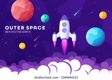 Space futuristic modern, colorful background with rocket, planets and stars. Starship, spaceship in night sky. Solar system, galaxy and universe exploration. Vector illustration.