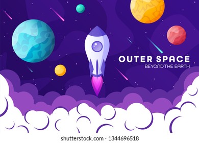 Space futuristic modern, colorful background with rocket, planets and stars. Starship, spaceship in night sky. Solar system, galaxy and universe exploration. Vector illustration.