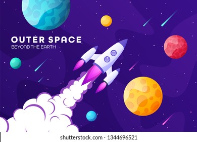 Space futuristic modern, colorful background with rocket, planets and stars. Starship, spaceship in night sky. Solar system, galaxy and universe exploration. Vector illustration.