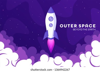 Space futuristic modern colorful background with rocket. Starship, spaceship in night sky. Solar system, galaxy and universe exploration. Vector illustration.