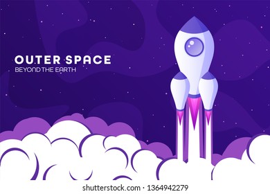 Space futuristic modern colorful background with rocket. Starship, spaceship in night sky. Solar system, galaxy and universe exploration. Vector illustration.