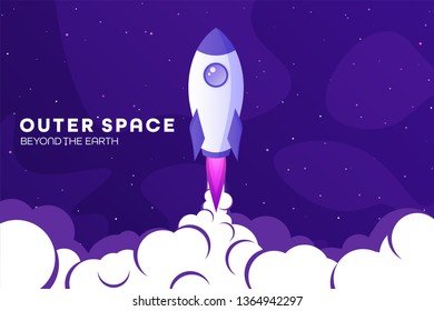 Space futuristic modern colorful background with rocket. Starship, spaceship in night sky. Solar system, galaxy and universe exploration. Vector illustration.