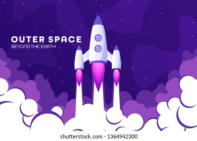 Space futuristic modern colorful background with rocket. Starship, spaceship in night sky. Solar system, galaxy and universe exploration. Vector illustration.