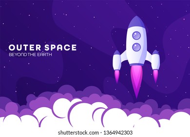 Space futuristic modern colorful background with rocket. Starship, spaceship in night sky. Solar system, galaxy and universe exploration. Vector illustration.