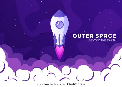 Space futuristic modern colorful background with rocket. Starship, spaceship in night sky. Solar system, galaxy and universe exploration. Vector illustration.