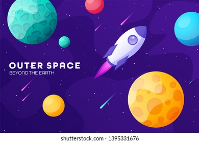 Space futuristic modern colorful background with rocket. Starship, spaceship in night sky. Solar system, galaxy and universe exploration. Vector illustration.