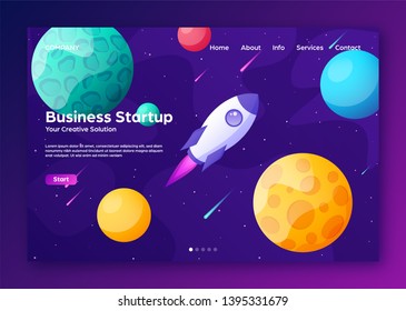 Space futuristic modern colorful background with rocket. Starship, spaceship in night sky. Solar system, galaxy and universe exploration. Vector illustration.