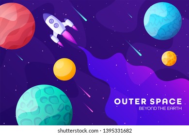 Space futuristic modern colorful background with rocket. Starship, spaceship in night sky. Solar system, galaxy and universe exploration. Vector illustration.