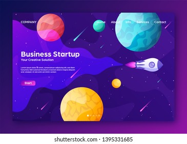 Space futuristic modern colorful background with rocket. Starship, spaceship in night sky. Solar system, galaxy and universe exploration. Vector illustration.