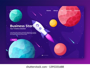 Space futuristic modern colorful background with rocket. Starship, spaceship in night sky. Solar system, galaxy and universe exploration. Vector illustration.