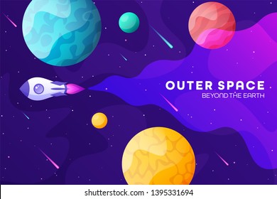 Space futuristic modern colorful background with rocket. Starship, spaceship in night sky. Solar system, galaxy and universe exploration. Vector illustration.